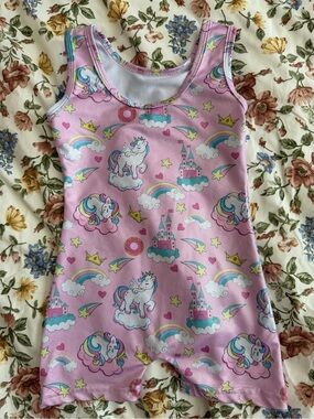 Pink Unicorn Print Kids Gymnastics Leotard